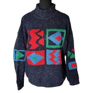 ESPRIT Vintage Knit Sweater Wool Blend Geometric Speckled Navy Blue 80’s Medium